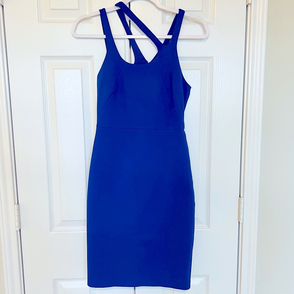 Halston Heritage Cobalt Blue Asymmetrical Neckline Cocktail Party Dress